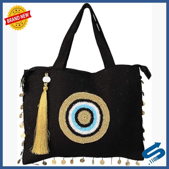 Handbags - Large Jute Tote Bag with Evil Eye Design, Zipper Closure, Water-Resistant Lining